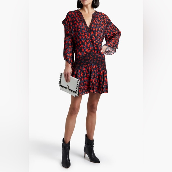 IRO‎ River Smocked Fil Coupe Red and Blue Silk Blend Printed Mini Dress size 2
